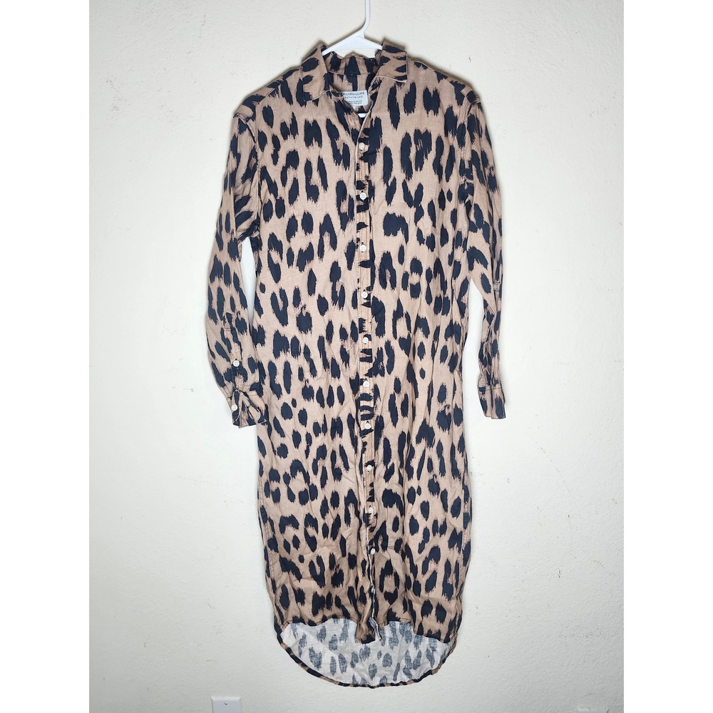 Emily Phillips Shirt Dress Womens 5 Brown Leopard Ikat High Low Midi Button Down